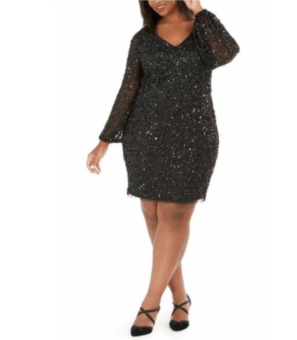 Adrianna Papell Beaded Black Short Cocktail Dress Plus Sz 14 W NWT MOB Romantic